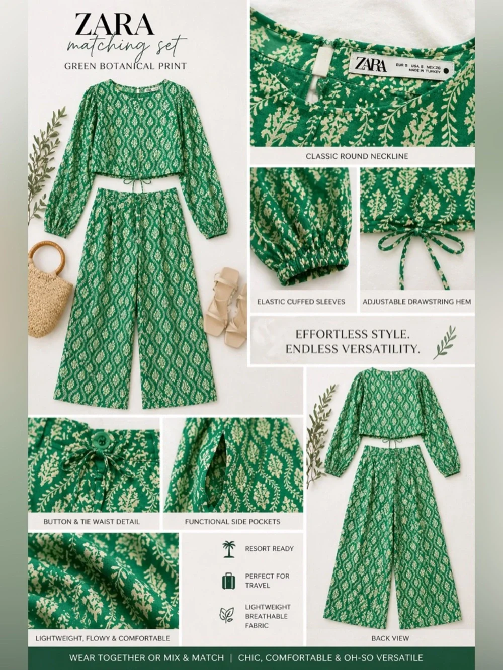 Zara matching set green print crop blouse wide leg pants S resort chic - Picture 3 of 11